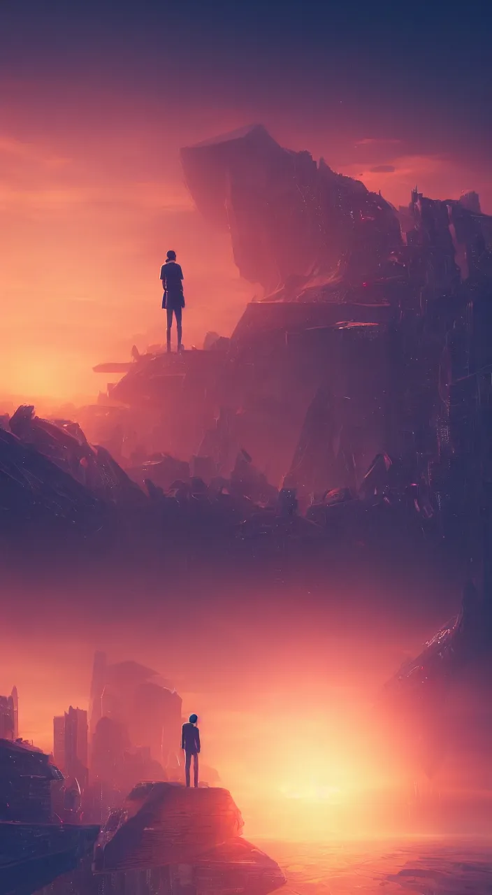 Image similar to alone person tempted by the desperate call of the void, futuristic cityscape, wide shot unreal 5 render, studio ghibli, vivid colors, beautiful sunset, digital art, octane render, beautiful composition, trending on artstation, award winning photograph, masterpiece