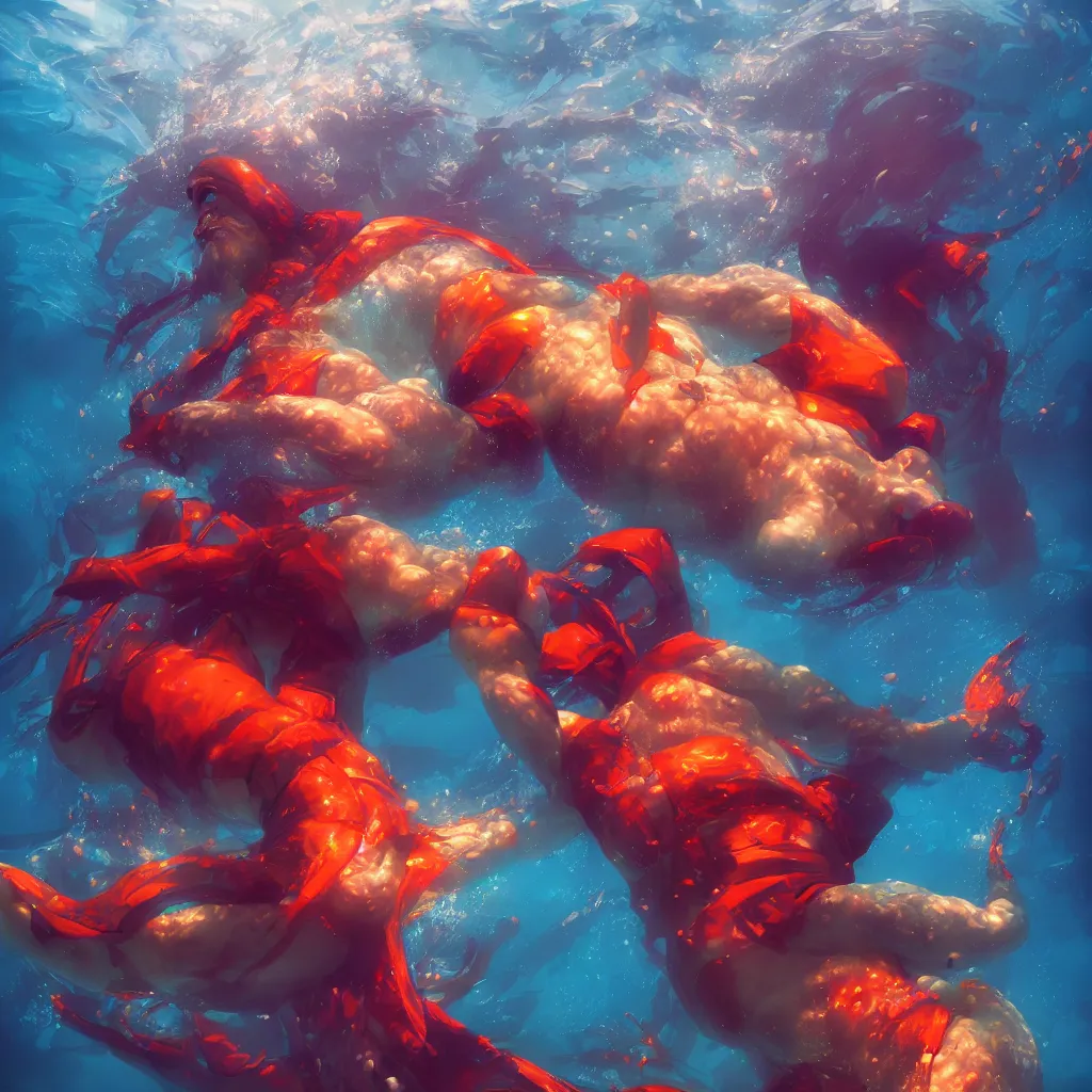 Image similar to man underwater floating, vivid colors, sharp focus, digital art, Unreal Engine, Dramatic Lighting by Brom, trending on Artstation