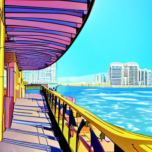 Prompt: oceanfront walkway, futuristic city, colorful city, curved railing, long railing, shining sea, cel - shading, 2 0 0 1 anime, cel - shaded, bright sunshine, colorful buildings