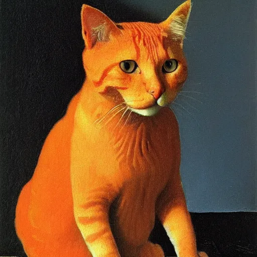 Image similar to an orange cat by jan vermeer, oil painting, a pearl necklace, highly detailed ， headshot, 8 k