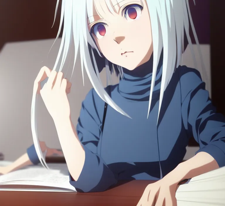 Image similar to anime visual, a young woman with white hair in her bedroom studying, cute face by ilya kuvshinov, yoshinari yoh, makoto shinkai, katsura masakazu, dynamic perspective pose, detailed facial features, kyoani, rounded eyes, crisp and sharp, cel shad, anime poster, ambient light