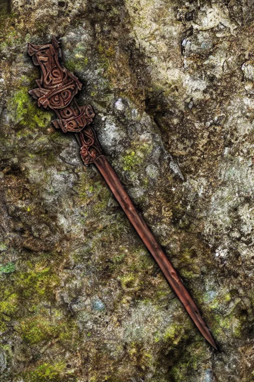 Image similar to a portrait of a rusty longsword stuck in stone, fantasy setting, rust and corrosion, moss and vegetation, ancient forest, excalibur, close - up, intricate details, intricately detailed textures, warm lighting, vivid colors, smoke and mist, hyper realistic octane render, volumetric shading, depth of field, raytracing, 8 k,