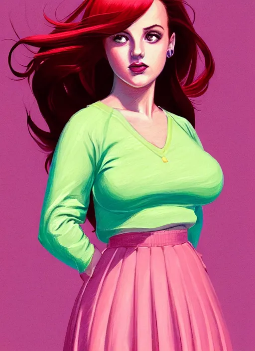 Image similar to full body portrait of teenage cheryl blossom, chubby, bangs, green eyes, sultry expression, red hair, sultry smirk, bangs and wavy hair, pink skirt, fat, intricate, elegant, glowing lights, highly detailed, digital painting, artstation, concept art, smooth, sharp focus, illustration, art by wlop, mars ravelo and greg rutkowski