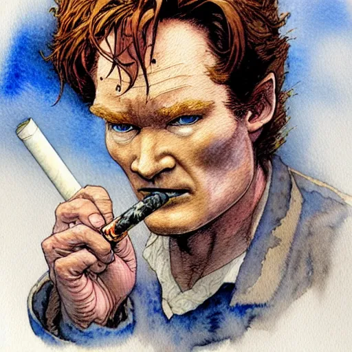 Image similar to a realistic and atmospheric watercolour fantasy character concept art portrait of conan o'brien with pink eyes wearing a wife beater and smoking a huge blunt by rebecca guay, michael kaluta, charles vess and jean moebius giraud