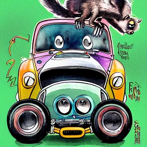 Image similar to racoon riding in a tiny hot rod coupe with oversized engine, ratfink style by ed roth, centered award winning watercolor pen illustration, by fine art america, edited by range murata