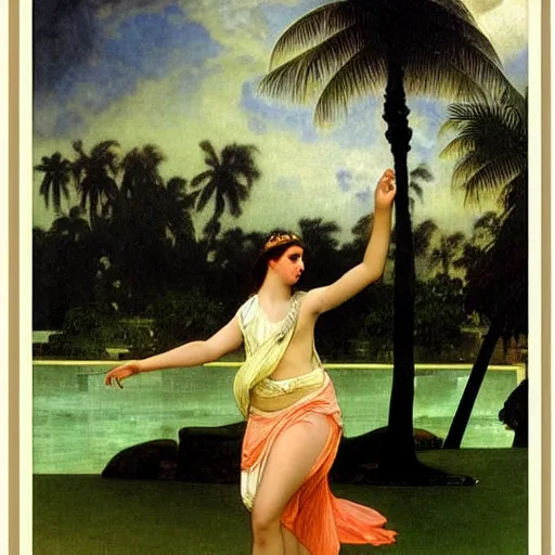 Image similar to Girl throwing gand signs at the palace, thunderstorm, pool, beach and palm trees on the background major arcana sky, by paul delaroche, alphonse mucha and arnold böcklin arnold böcklin hyperrealistic 8k, very detailed