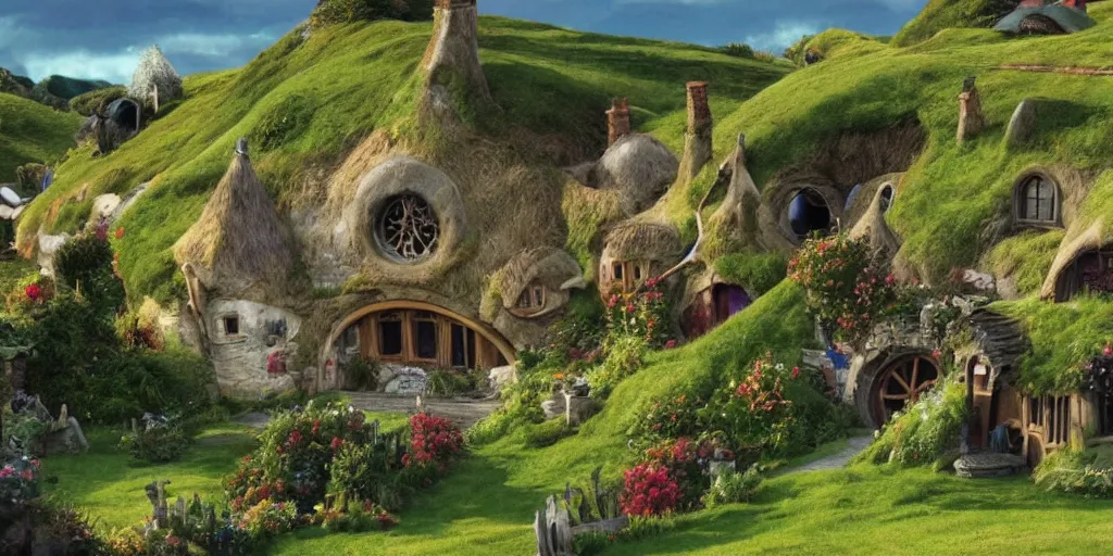 Image similar to a still from howl's moving castle of hobbiton in the shire