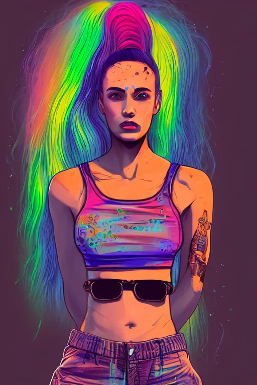 Image similar to a award winning half body portrait of a beautiful woman with stunning eyes in a printed croptop and cargo pants with rainbow colored ombre hairstyle head in motion and hair flying by josan gonzales, outrun, vaporware, shaded flat illustration, digital art, trending on artstation, highly detailed, fine detail, intricate