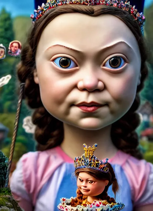 Image similar to highly detailed closeup, face profile portrait of greta thunberg as a tin toy fairytale princess wearing a crown eating cakes, bikini, unreal engine, nicoletta ceccoli, mark ryden, earl norem, lostfish, global illumination, detailed and intricate environment