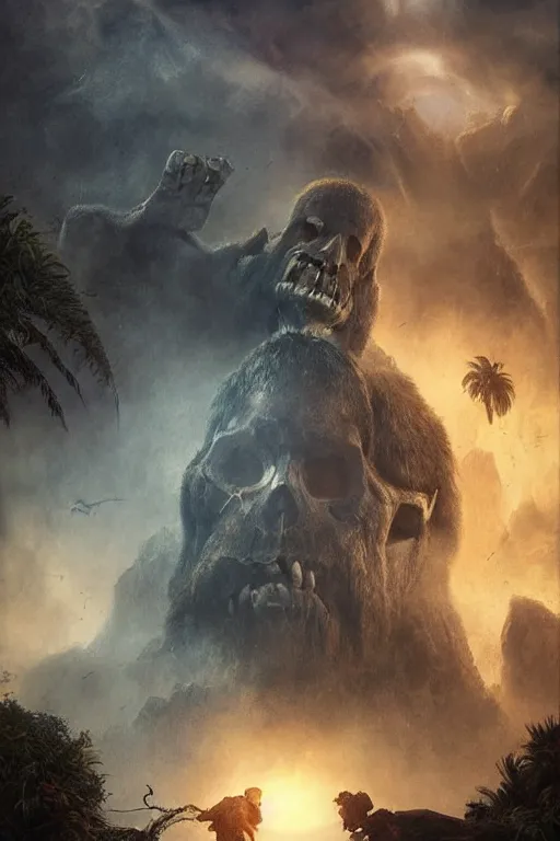 Prompt: movie poster, realistic photographed oil panting of skull island, suicidegirls surfing, dead bodies, ghosts, supernatural colors, beautiful, dappled silver lighting, epic, atmospheric, highly detailed, horrific, 8 k, art by art by artgerm and greg rutkowski and edgar maxence