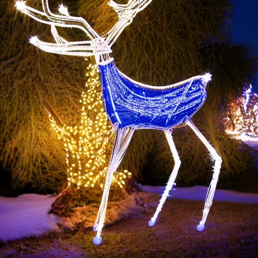 Image similar to Hyperrealistic rendering of a tall fantasy Reindeer sculpture made of wire and Christmas lights, 4k, sigma 35mm