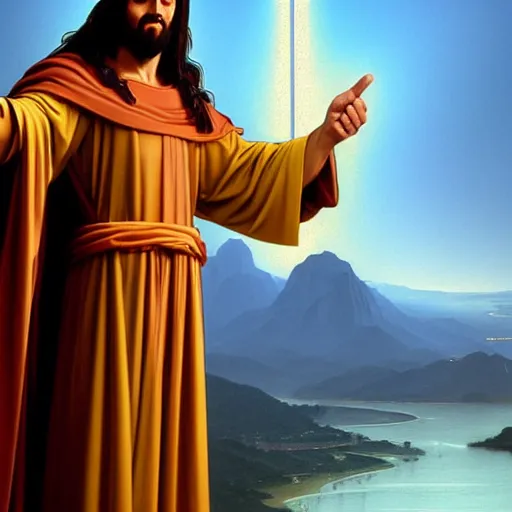 Image similar to buddy christ from dogma by kevin smith as christ the redeemer pointing both fingers in front of him, dynamic composition, dramatic lighting, trending on artstation, award winning art, stylized painting, ultrawide lens, aerial photography, rio de janeiro, 4 k, art by william bouguereau, alphonse mucha, greg rutkowski,