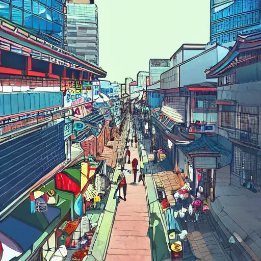 Image similar to seoul city view. People are walking on the street. Anime style. Hyper detailed