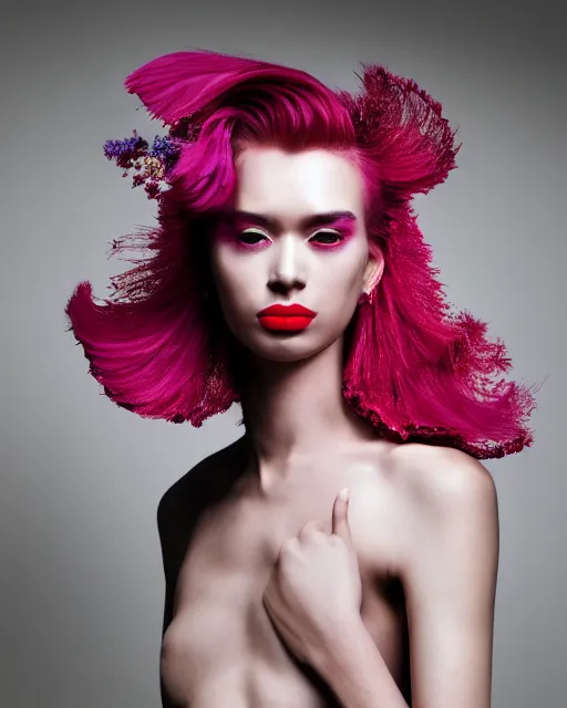 Image similar to androgynous portrait, close-up, high sharpness, zeiss lens, fashion photo shoot, peony flowers, pink hair, red lipstick, on metal background, Annie Leibovitz and Steve McCurry, David Lazar, Zhong Lin, Jimmy Nelsson, Eiko Hosoe , artistic, hyper-realistic, beautiful face, octane rendering