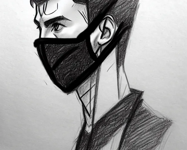 Image similar to draft drawing of a european young man with fabric mask, draft sketch, trending on artstation, context art, pencil sketch, high detail