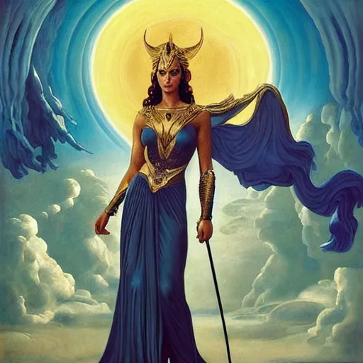 Image similar to Full body oil painting of the beautiful goddess Gal Gadot as hera, she is wearing roman clothes and a surreal jewelry, her hair is natural disheveled, she is approaching heaven over the clouds, naturalism, dramatic lighting, high-detailed oil painting by Ilya Repin, Michelangelo da Caravaggio, William Blake, Alex Grey and Beksinski, trending on Artsation, hystorical painting, naturalism, masterpiece, 4k, 8k,