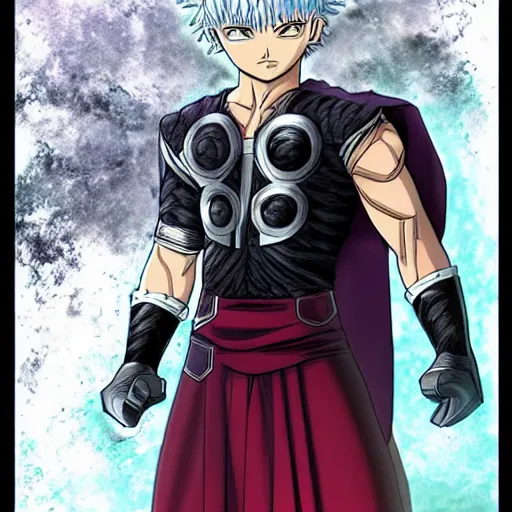 Image similar to adult killua zoldyck in thor's the dark world mcu armor, full body armor, anime art, highly detailed, muscular