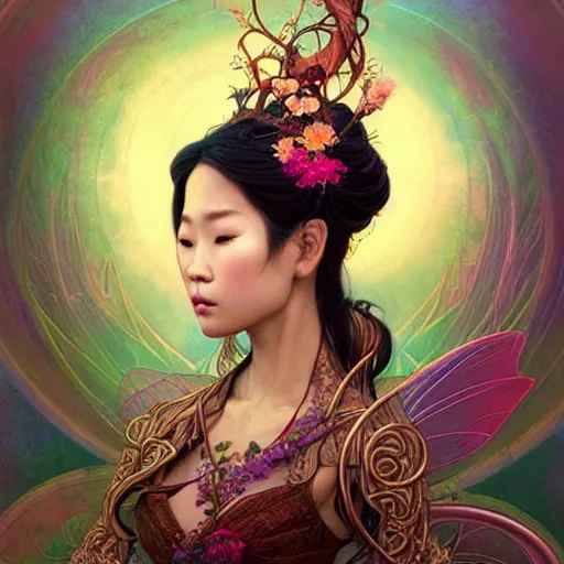 Prompt: face portrait of a thai beautiful mysterious fairy with flowery tall headgear, without hands, by eve ventrue, artgerm, thomas kinkade, hayao miyazaki. art nouveau. tarot card by mucha. gloomhaven. swirly intricate linework background. gaudy colors, sharp edges. octane render