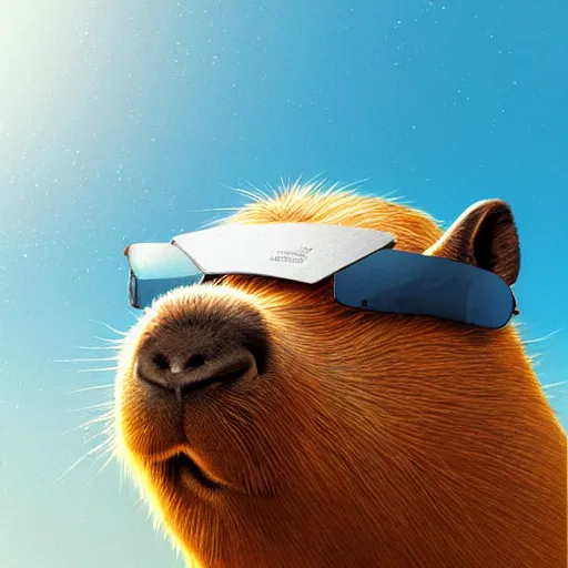 Prompt: a capybara wearing shiny sunglasses and a hat by greg rutkowski, blue and purle lighting, digital art, ultra realistic, ultra detailed, photorealistic, 4k, character concept