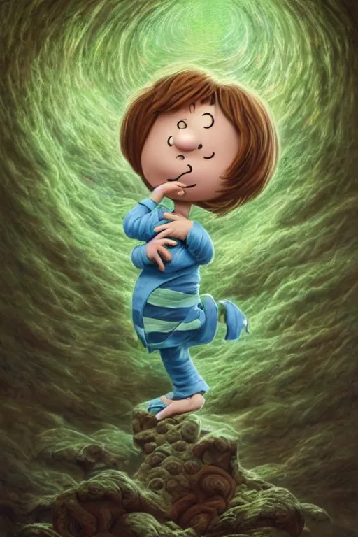 Prompt: Peppermint Patty from Charlie Brown, by tomasz alen kopera and Justin Gerard, smiling, green striped shirt, football, symmetrical features, ominous, magical realism, texture, intricate, ornate, royally decorated, whirling blue smoke, embers, radiant colors, fantasy, trending on artstation, volumetric lighting, micro details, 3d sculpture, ray tracing, 8k, anaglyph effect