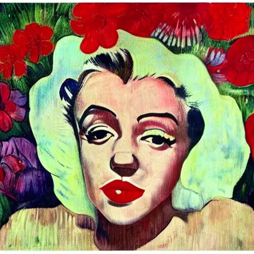 Image similar to Girl in flowers, red lipstick on her face, ugly look, Gauguin style, the appearance of Marilyn Monroe