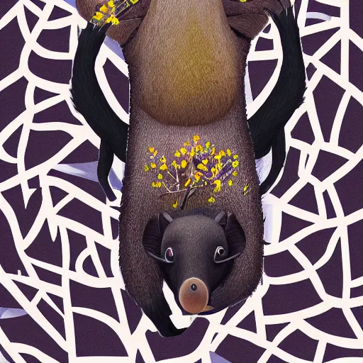Prompt: a happy anteater, holding a boba milky oolong tea, surrounded by aspen leaves and aspen branches. symmetrical, rule of thirds | digital art