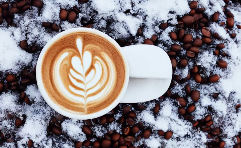 Prompt: a latte, in snow, product photography