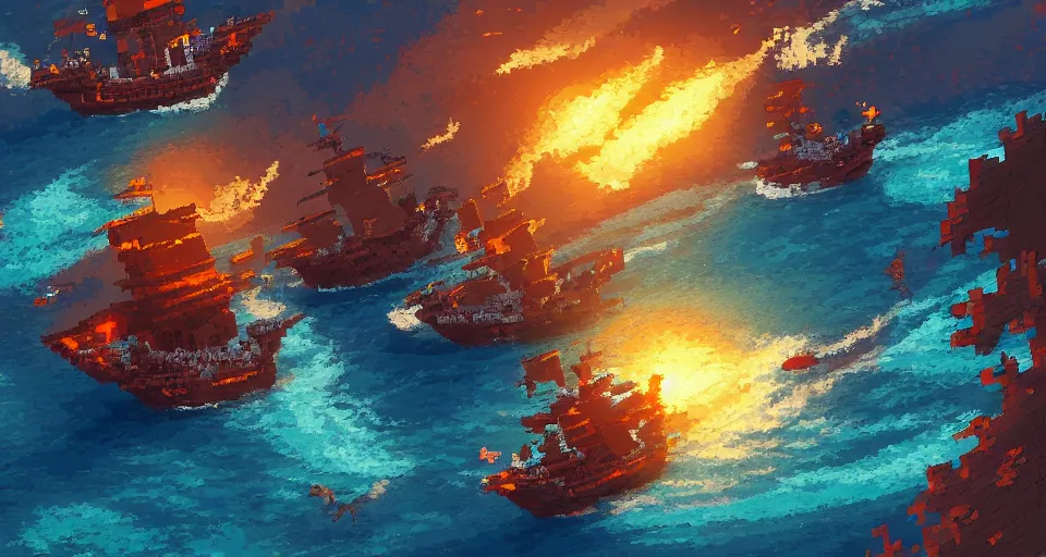 Image similar to Pixelart of a pirates battles in the ocean, volumetric lighting, digital pixel art, pixiv, by Aenami