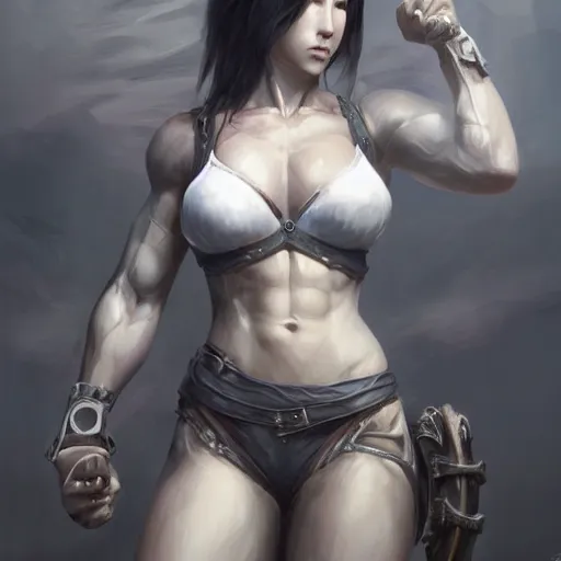 Prompt: portrait of tifa lockhart, muscular upper body, fantasy, intricate, elegant, highly detailed, digital painting, artstation, concept art, matte, sharp focus, illustration, art by aenaluck and roberto ferri and greg rutkowski, epic fantasy, digital painting