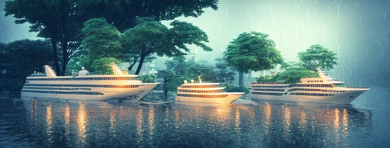 Image similar to cruising ship sailing at raining night at flooded miniature city, sun is on the rise on the town, cute style garden, octane render, trees, evergreen, patio, garden, wet atmosphere, tender, soft light misty yoshitaka amano, and artgerm