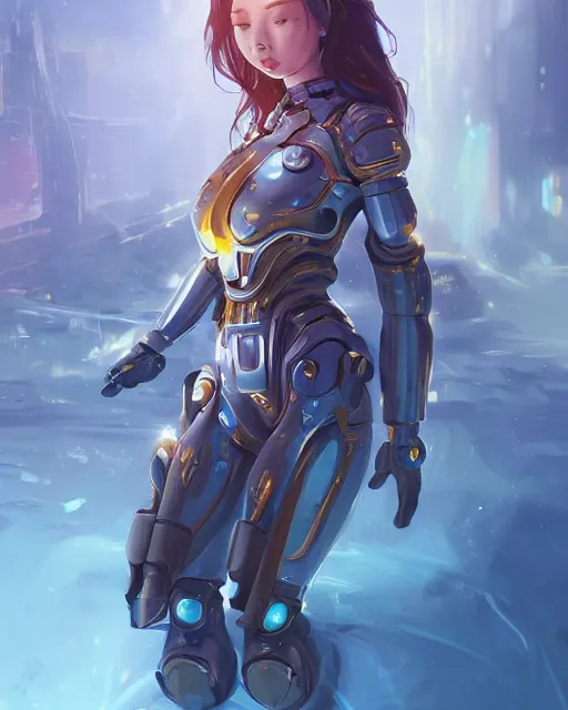 Image similar to holy cyborg girl with golden armor, elegant, scifi, jetpack, alien world, futuristic, utopia, garden, colorful, lee ji - eun, illustration, atmosphere, top lighting, blue eyes, focused, artstation, highly detailed, art by yuhong ding and chengwei pan and serafleur and ina wong