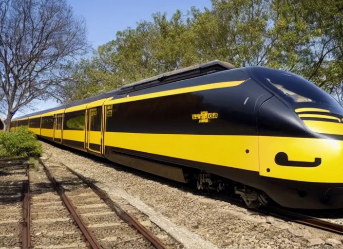 Image similar to A train that looks like a bee. This advanced train was designed to look like a bee.