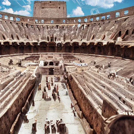 Image similar to the gladiator in the arena welcomes the emperor of rome, a view from the back of the gladiator to the colosseum, a detailed view of the stands, hyperdetailed, octane render, 8 k