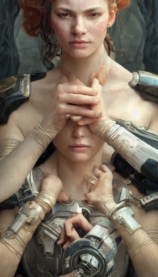 Image similar to epic masterpiece portrait star wars lady, sweaty skin, hyperrealistic, octane render, cinematic, beautiful face and flawless skin, perfect hands, 5 fingers, by Edgar Maxence and Ross Tran and Michael Whelan, Legends of Runeterra