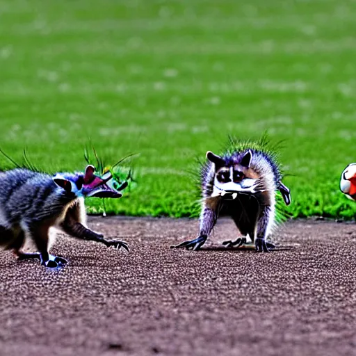 Image similar to a photograph of a soccer match between racoons and opossums