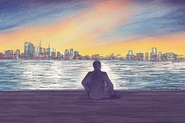 Image similar to A man sitting on a jetty, city in the background, cinematic lighting, copic markers