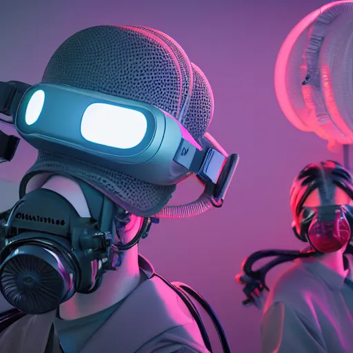 Prompt: intense futuristic bespoke vr headset respirator with long cables twirling out into a particle system on a set of twin humble hypebeasts, by ilya kuvshinov and james jean and sorayama and ikeuchi and hyein seo and hiroya oku and gilleard james, artstation trending, 8 k, 3 d render, photorealistic, volumetric lighting caustics, pink