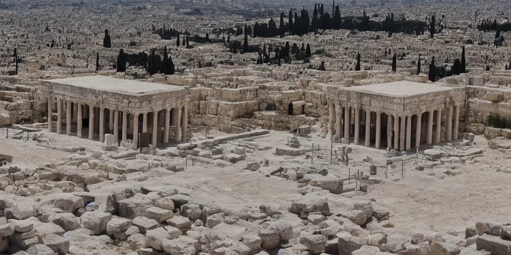 Prompt: herods temple. 2 nd jewish temple. jerusalem temple mount spiritual. cinematic. epic framing, ultra wide angle, beautiful, 8 k