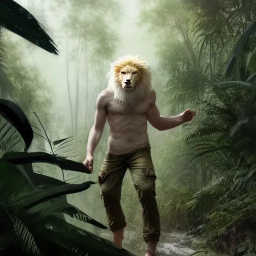 Image similar to commission portrait of a male anthro albino lion,wearing cargo pants and a boack t-shirt,going through a jungle cautiously.dramatic,character design by charles bowater,greg rutkowski,ross tran,hyperdetailed,hyperrealistic,4k,deviantart,artstation,professional photography,concept art