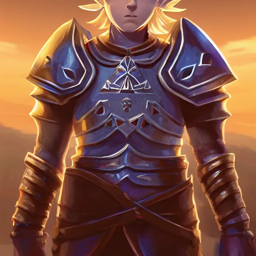 Image similar to front centered symmetrical RPG avatar portrait, Link legend of zelda as a knight, blonde hair, ornate armour, dramatic lighting, cinematic, establishing shot, high detail, cinematic lighting, post processed, 8k, concept art, artstation, matte painting, in the style of eddie mendoza, raphael lacoste, alex ross