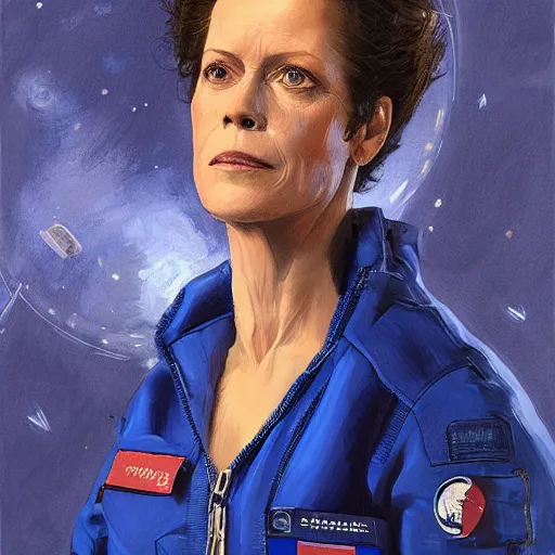 Prompt: portrait of a woman by greg rutkowski, sigourney weaver as an space cargo pilot, she is about 6 0 years old, wearing a cobalt blue utilitarian jumpsuit, highly detailed portrait, digital painting, artstation, concept art, smooth, sharp foccus ilustration, artstation hq