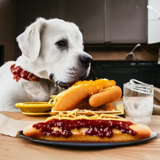 Image similar to photo of a white dog eating a chili dog with cheese, 50mm, beautiful photo