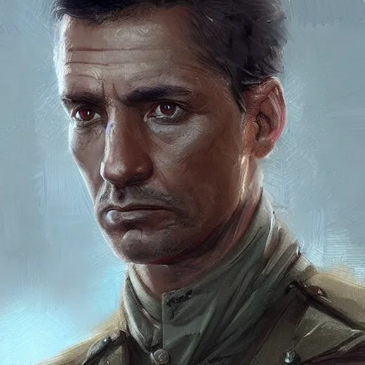 Prompt: Portrait of a man by Greg Rutkowski, he is about 40 years old, british-hispanic mixture, attractive, military composure, short brown hair, chilean, father image vibes, he is wearing futuristic military fatigues, highly detailed portrait, digital painting, artstation, concept art, smooth, sharp foccus ilustration, Artstation HQ.