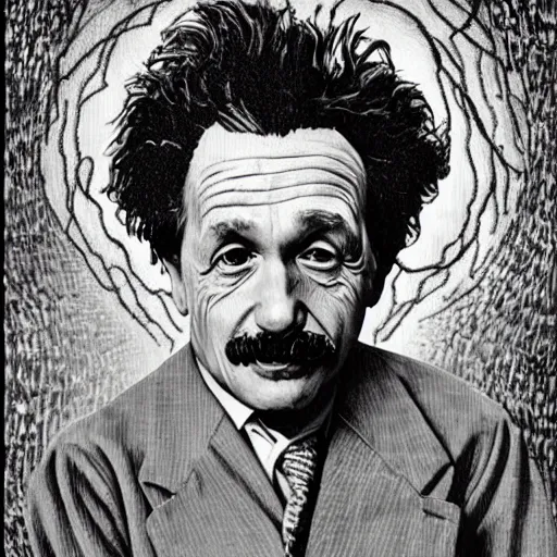 Prompt: portrait of einstein, mash - up between mc escher and vincent van gogh