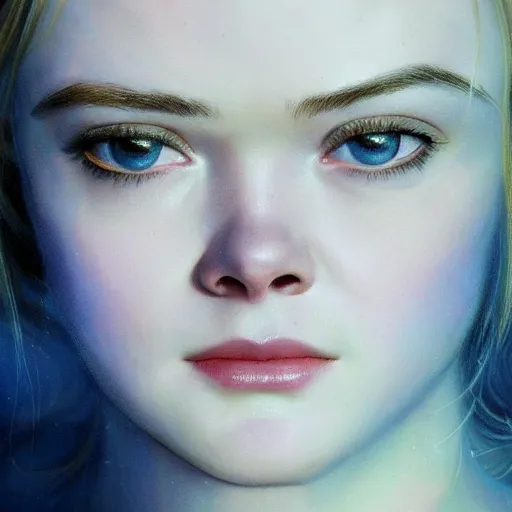 Image similar to ultra realistic medium shot head and shoulders masterpiece portrait painting of elle fanning in halo 2, cosmic horror, artstation, art by frank frazetta, 4 k, ultra realistic, highly detailed, epic lighting