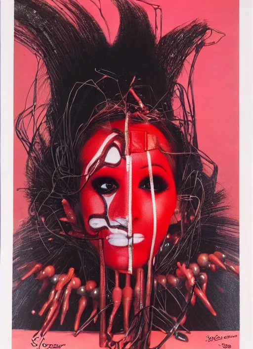 Prompt: an 8 0 s portrait of a woman with dark eye - shadow and red lips with dark slicked back hair, a mask made of wire and beads, dreaming acid - fueled hallucinations, psychedelic by serge lutens, rolf armstrong, peter elson, red cloth background, frilled puffycollar