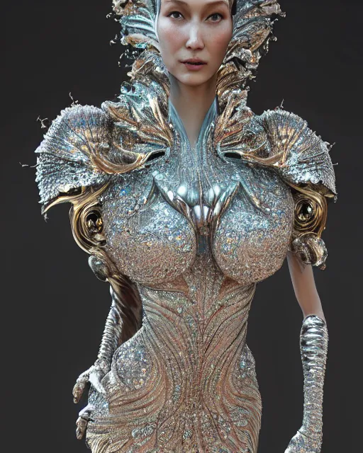 Prompt: a highly detailed metahuman 4 k close up render of an alien goddess bella hadid monument sixwinged seraphim in iris van herpen dress schiaparelli in diamonds crystals swarovski and jewelry iridescent in style of alphonse mucha gustav klimt trending on artstation made in unreal engine 4