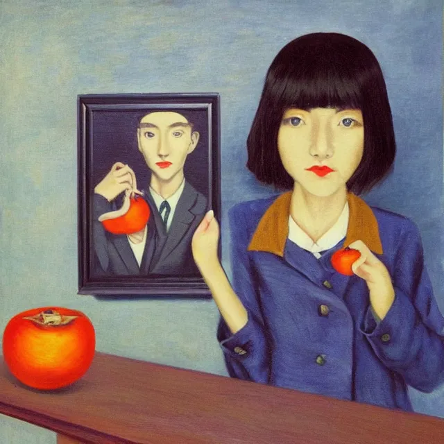 Image similar to tall emo girl artist holding small portraits and a persimmon on a train, on shinkansen in tokyo, shinagawa station, pigs, octopus, acrylic on canvas, surrealist, by magritte and monet