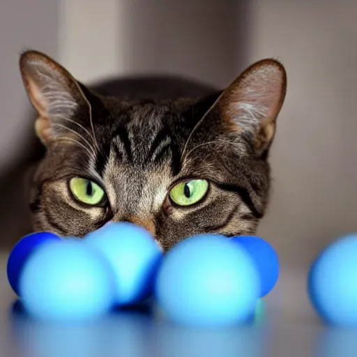 Prompt: a cat playing with a blue ball, XF IQ4, 150MP, 50mm, f/1.4, ISO 200, 1/160s, natural light, Adobe Photoshop, Adobe Lightroom, DxO Photolab, Corel PaintShop Pro, rule of thirds, symmetrical balance, depth layering, polarizing filter, Sense of Depth, AI enhanced