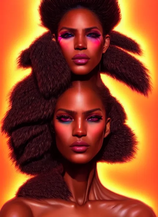 Prompt: portrait of synthwave warrior, intricate, brown skin, sharp focus, octane render, detailed, beautiful, unreal engine, symmetrical!!, loreal, maybelline, sephora, loreal, artstation, art by karol bak, art by artgerm, rossdraws, makeup by pat mcgrath, cinematic, concept art, filmic, vsco